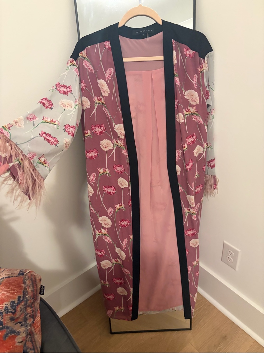 Endless Rose Dusty Pink Floral Sheer Kimono with Black Trim